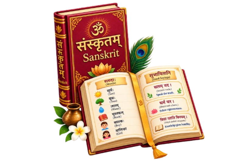 Illustrated Sanskrit textbook open to pages of words and good sayings