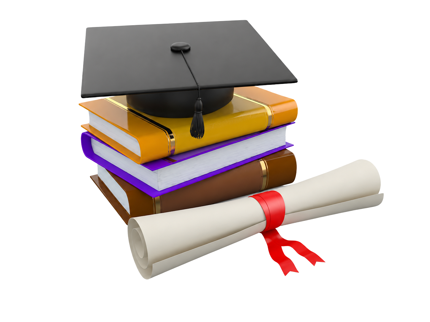 3D illustration of a graduation cap, stacked books and a diploma