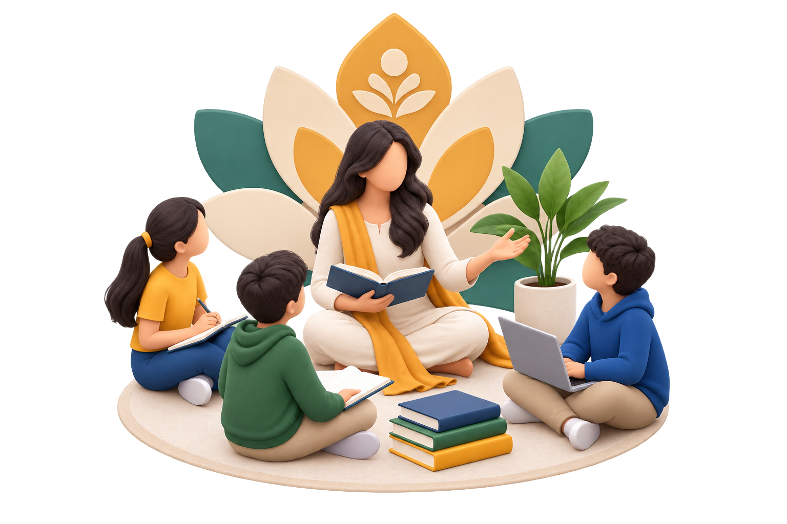 Illustration of a teacher reading to children seated in a circle in front of a lotus motif