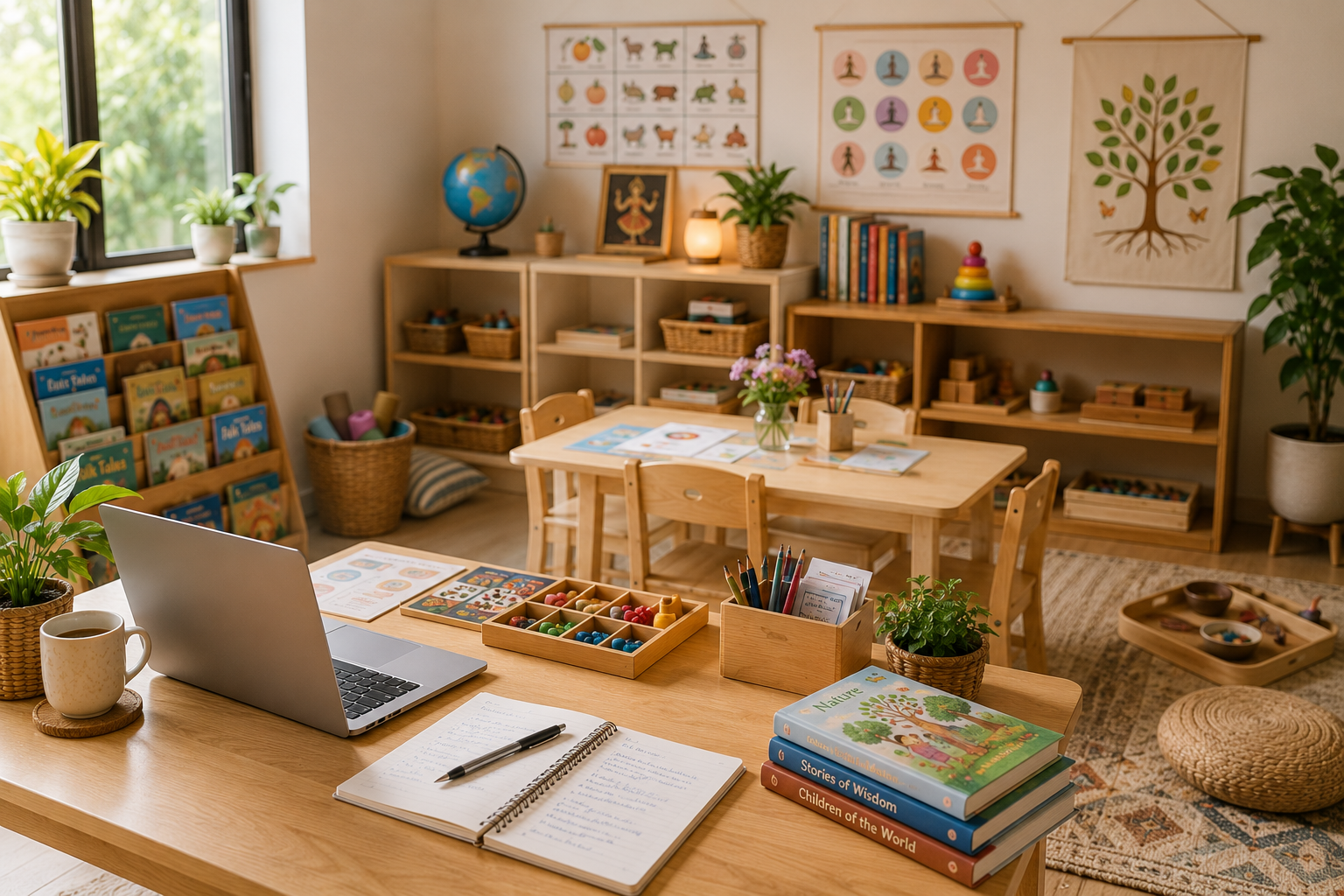 A warm home classroom setup with Montessori trays, nature books, and a prepared learning environment