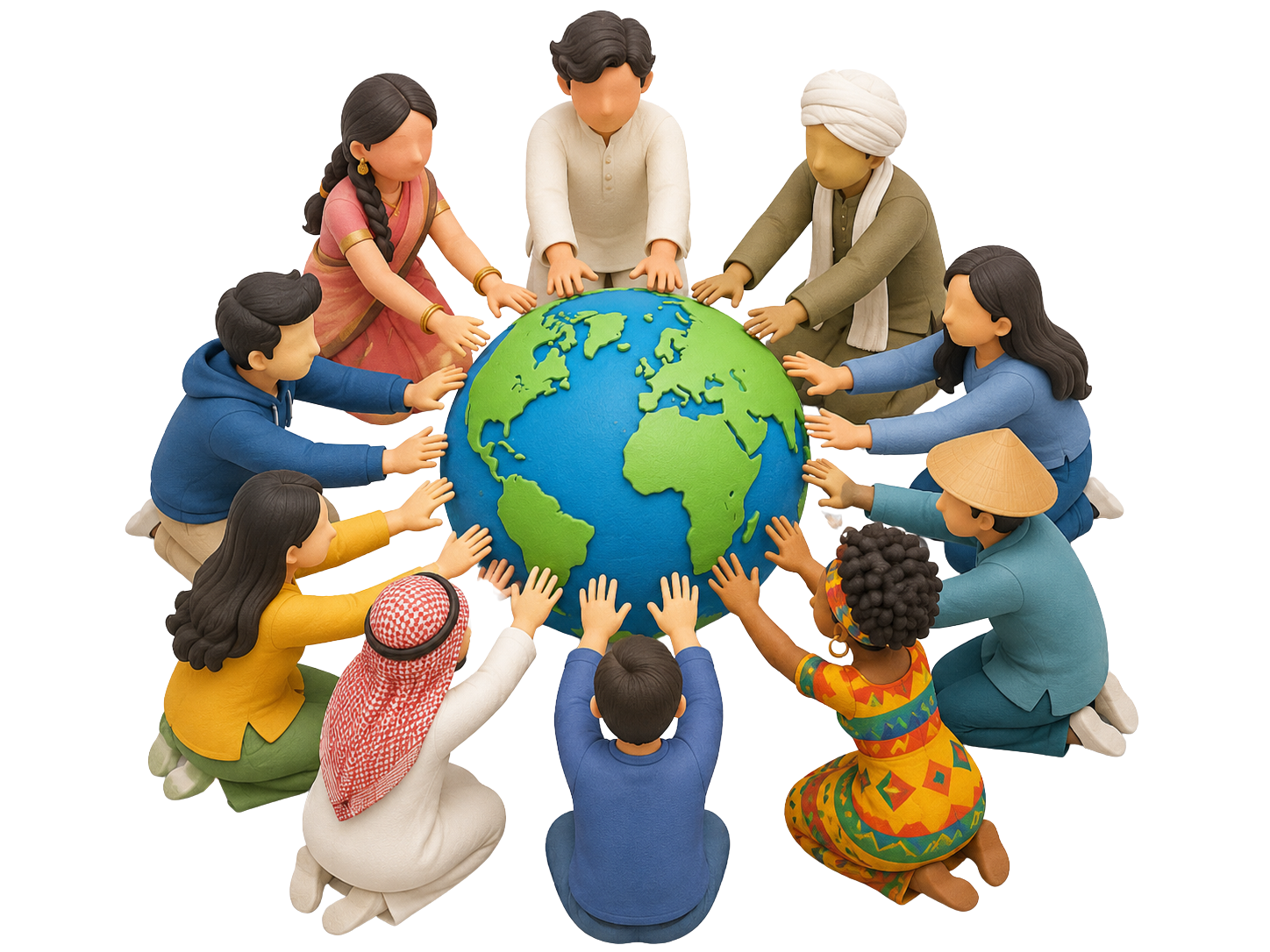 3D illustration of children from many cultures gathered around a globe