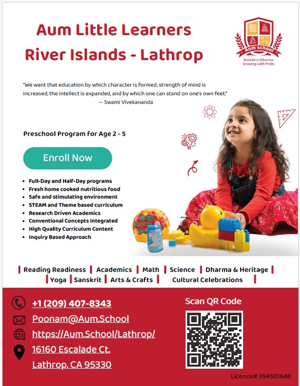 Aum Little Learners River Islands Lathrop flyer: preschool program for ages 2 to 5, program highlights, subjects, and contact details