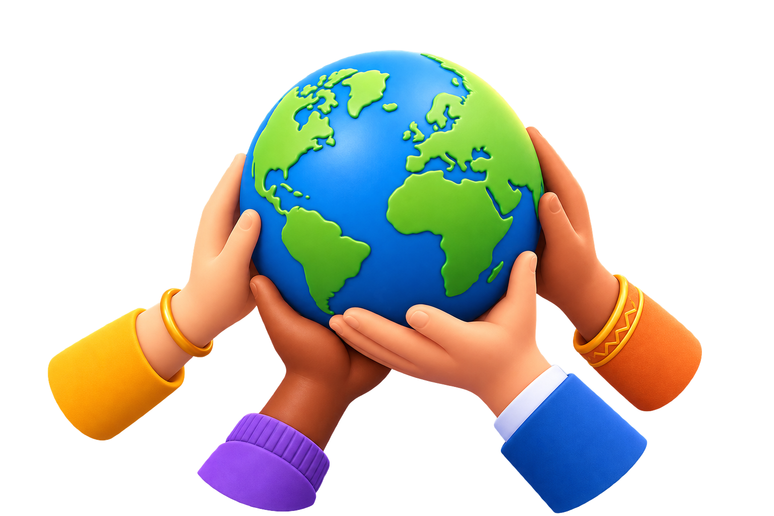3D illustration of hands from many cultures cradling the Earth together
