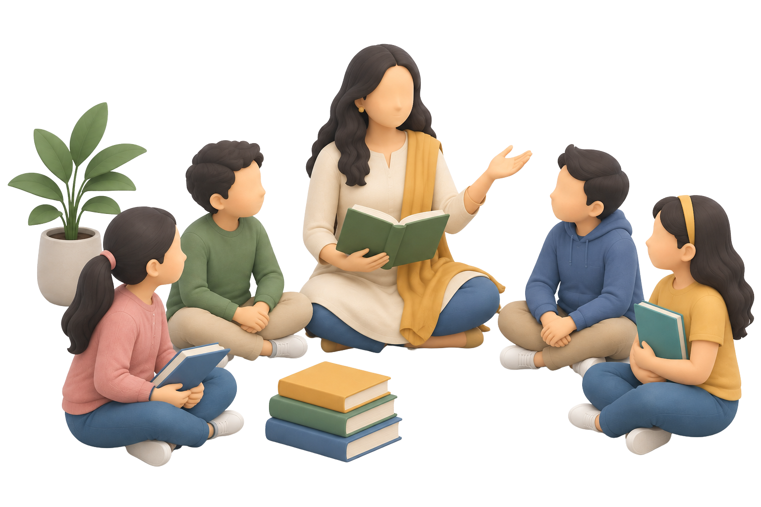 3D illustration of a teacher reading to children seated in a circle