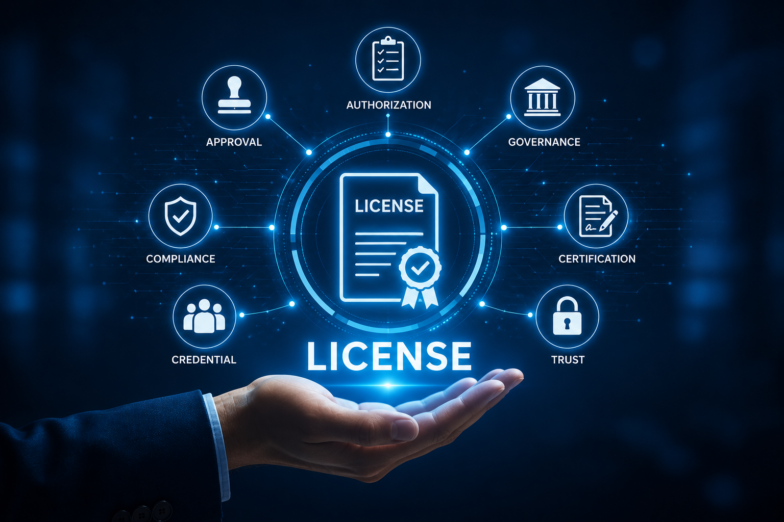 Illustration of a license certificate surrounded by approval, compliance, and certification icons