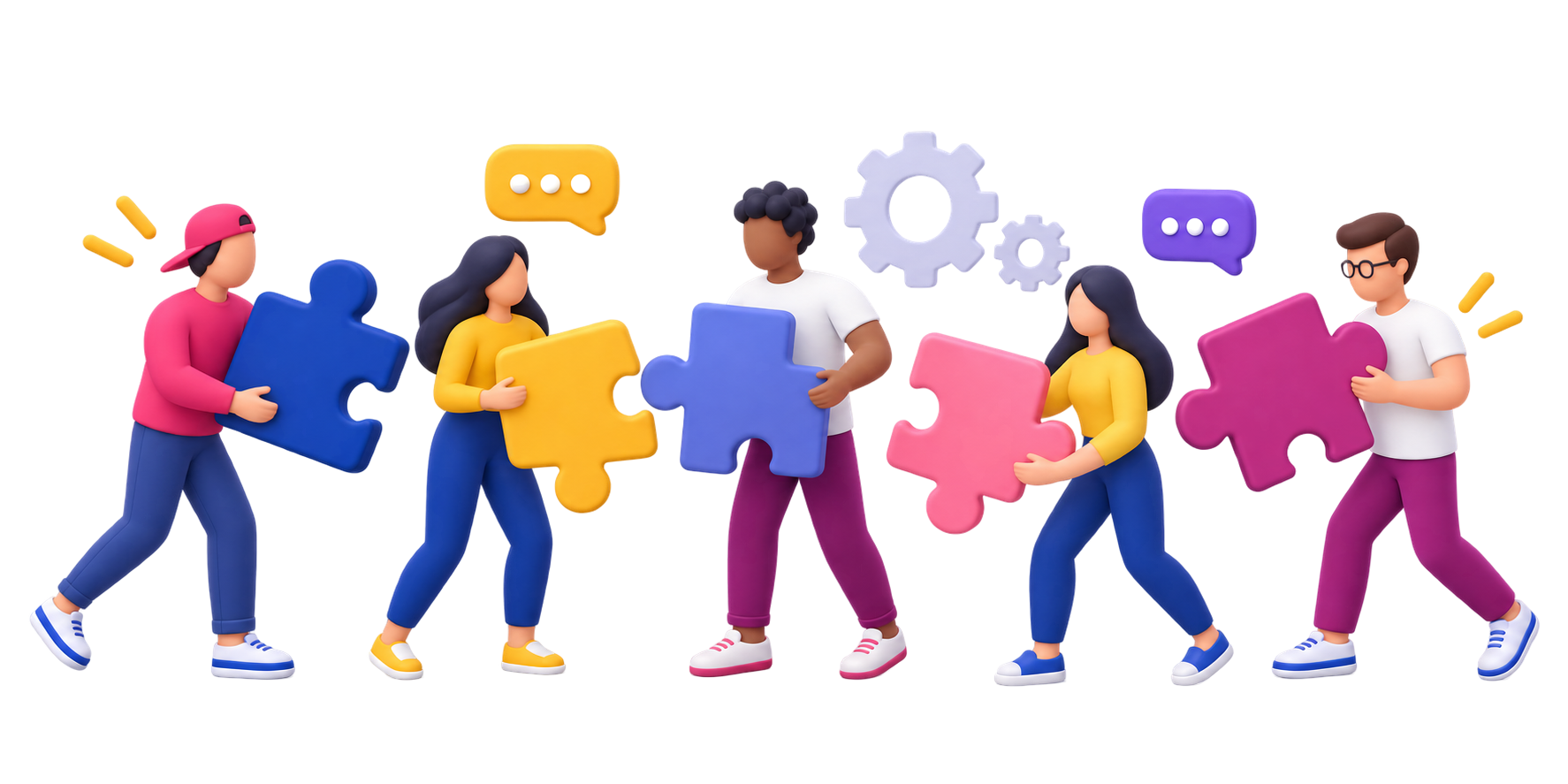 3D illustration of people carrying puzzle pieces and collaborating