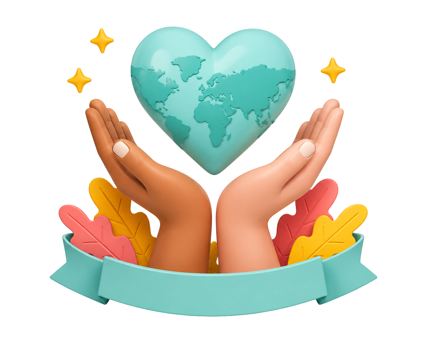 3D illustration of open hands holding a heart-shaped globe