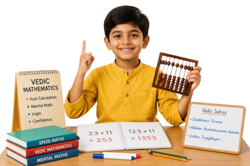 Young student solving Vedic mathematics problems with an abacus