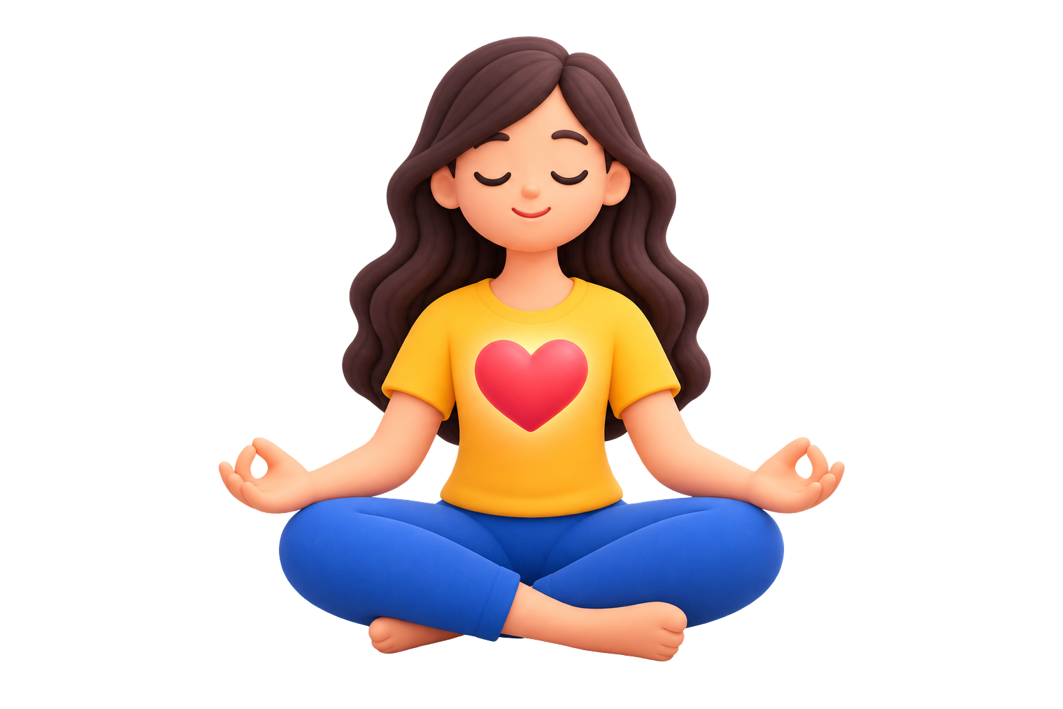 3D illustration of a person meditating in lotus pose wearing a shirt with a heart