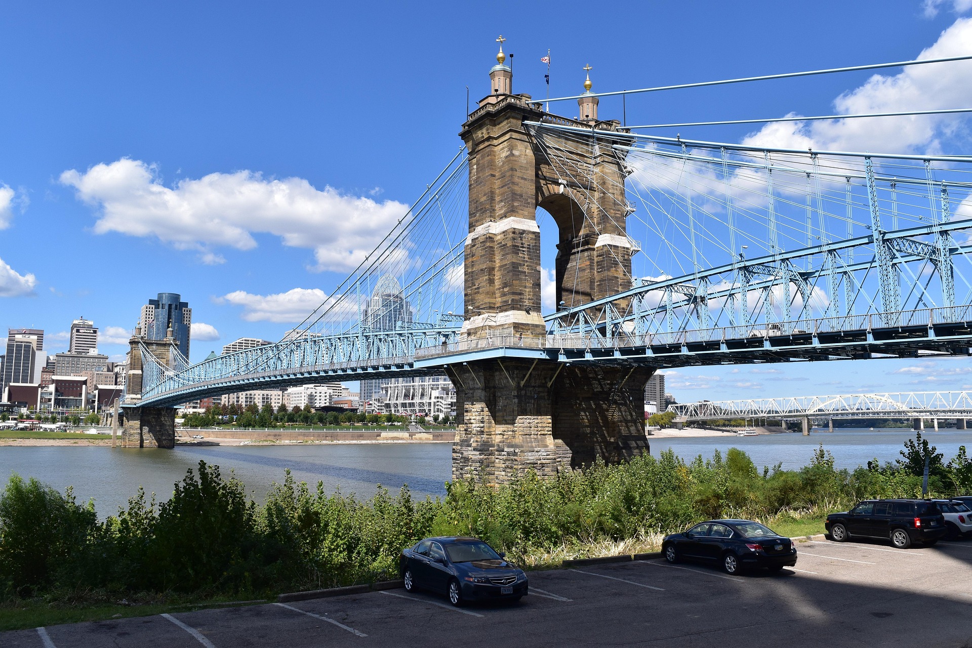 The Roebling Suspension Bridge and Cincinnati skyline near the Aum School summer camp