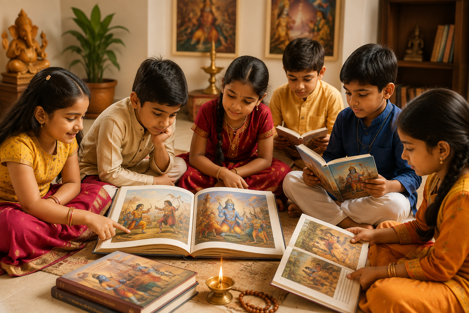 Children gathered together reading illustrated books on Indian heritage and Ramayana stories