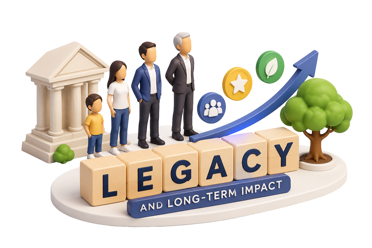 3D illustration of generations of a family beside blocks spelling Legacy and a growing tree