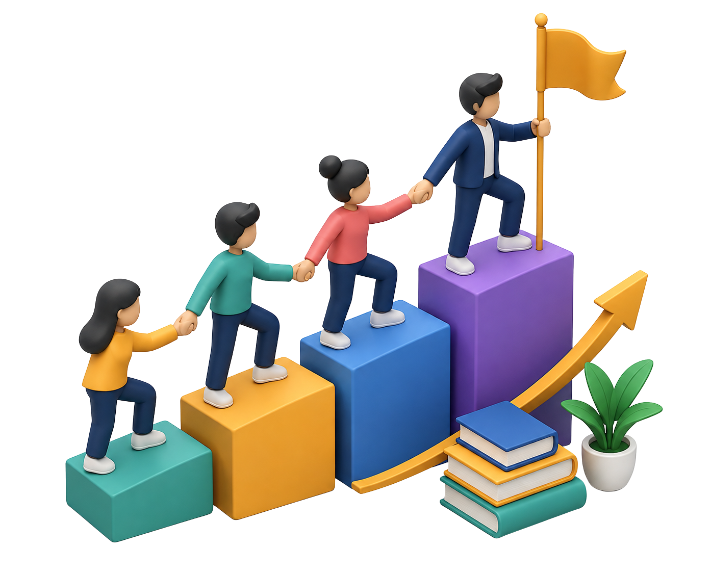 3D illustration of young people helping each other climb steps toward a flag