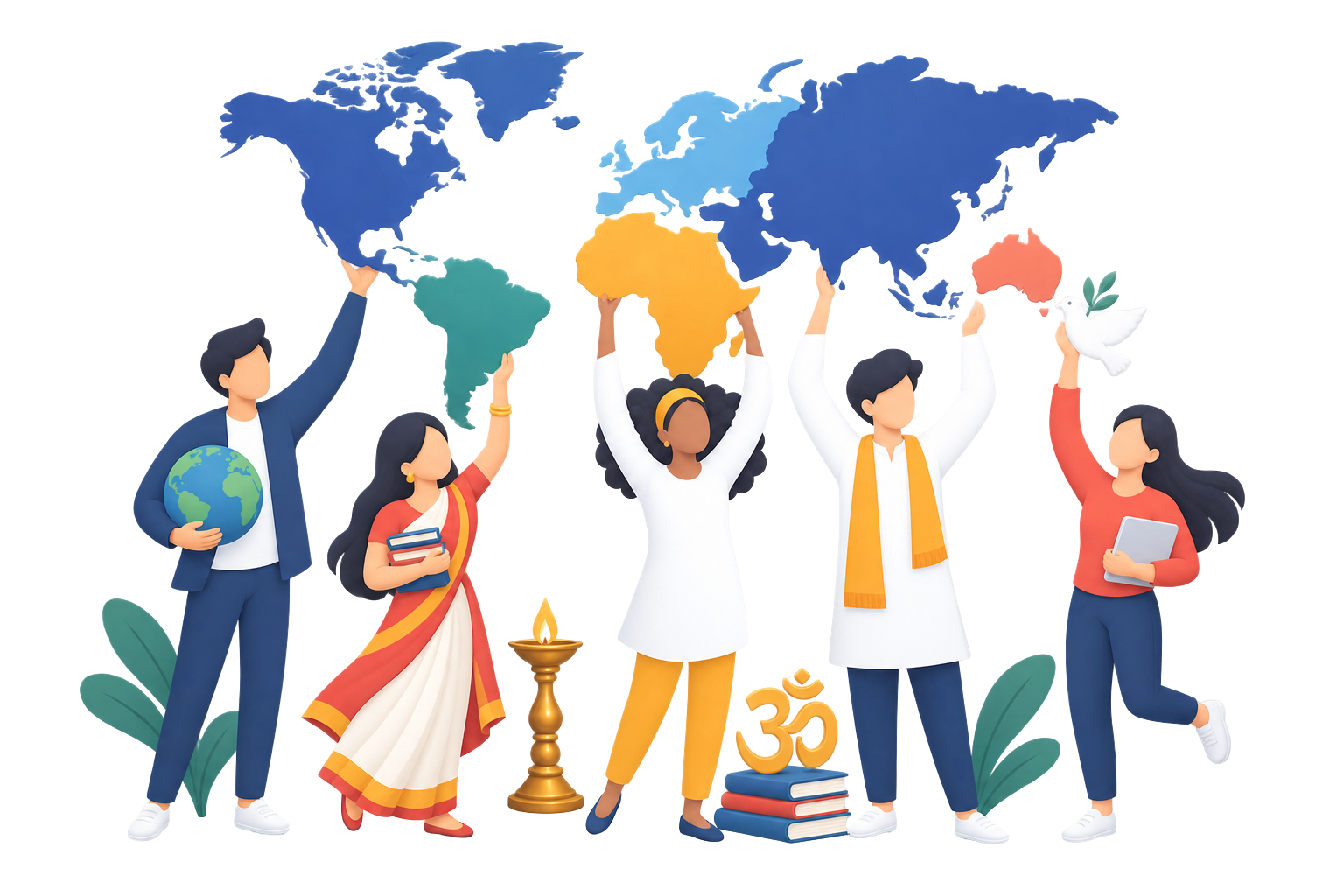 3D illustration of diverse people holding up continents of a world map
