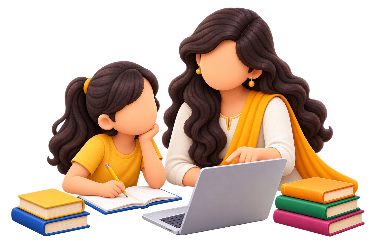 3D illustration of a mentor guiding a young student with a laptop, notebook and stacks of books