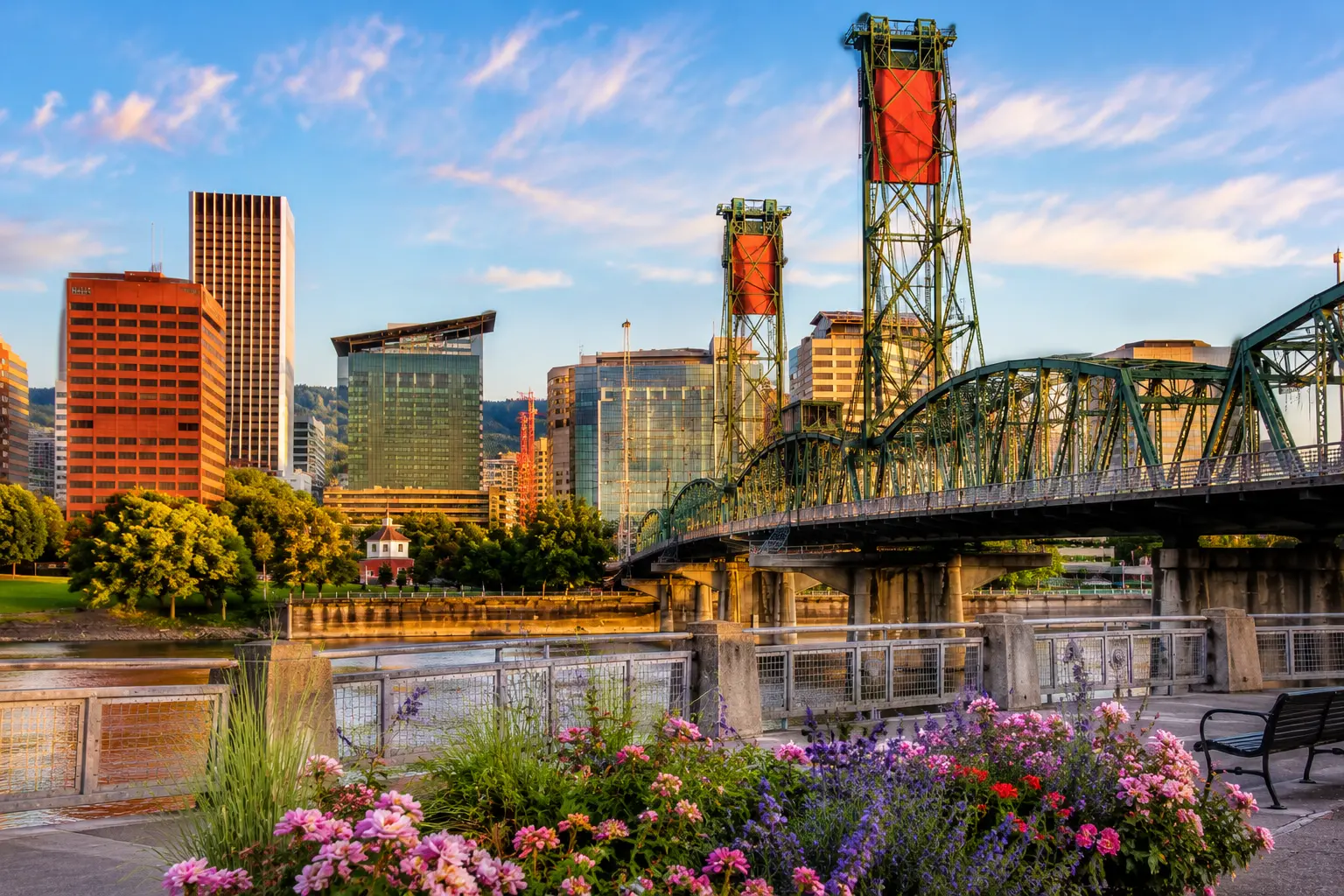 Portland, Oregon riverfront with the Hawthorne Bridge and downtown skyline