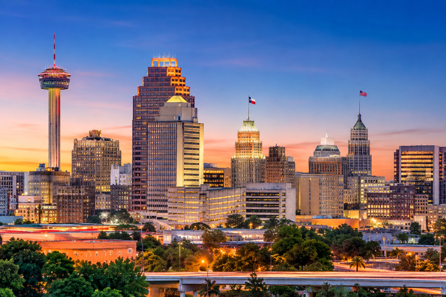 San Antonio, Texas skyline at sunset near the Aum School San Antonio campus