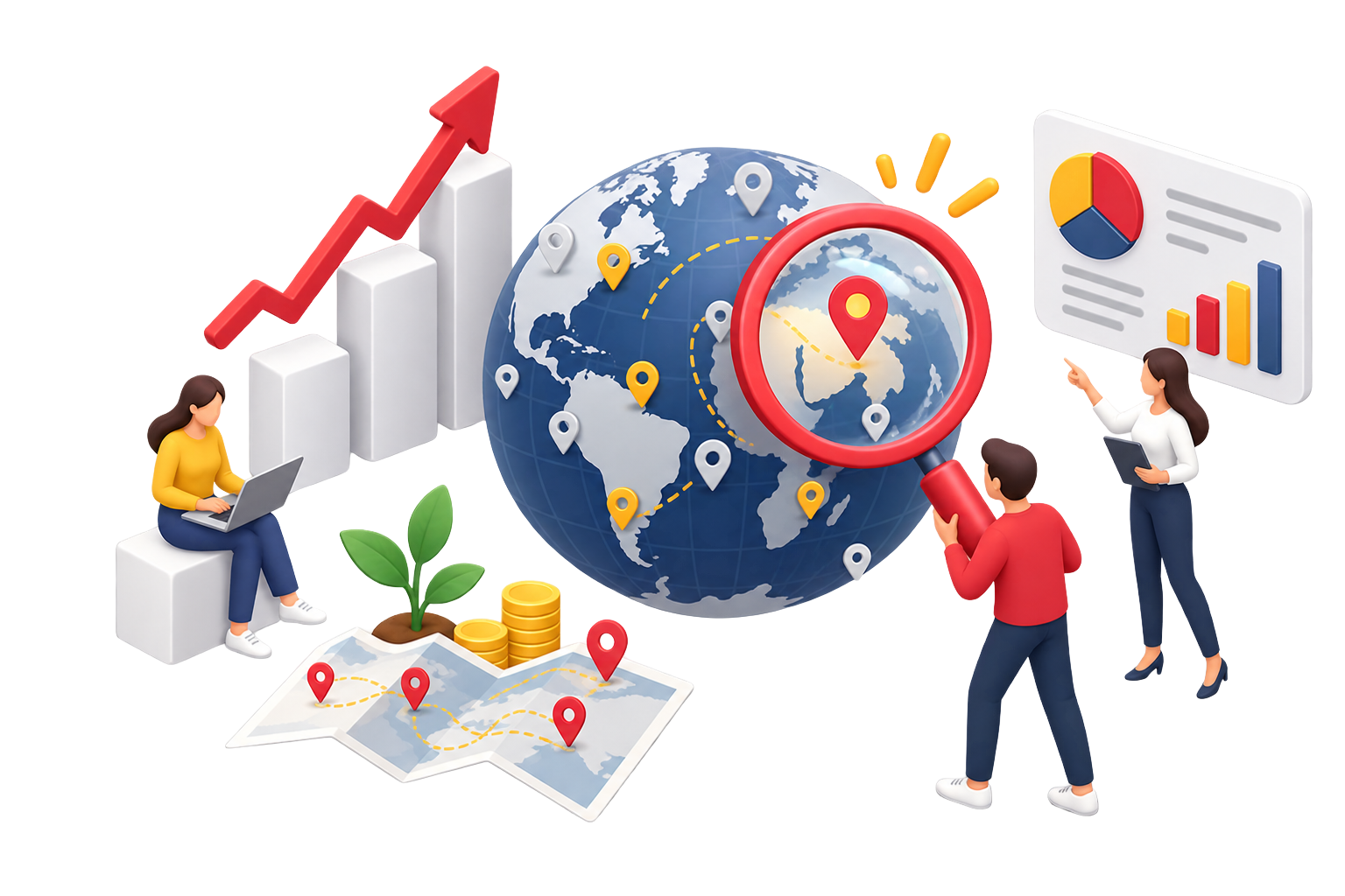 Illustration of a globe with location pins, a rising growth chart and analysts reviewing market data