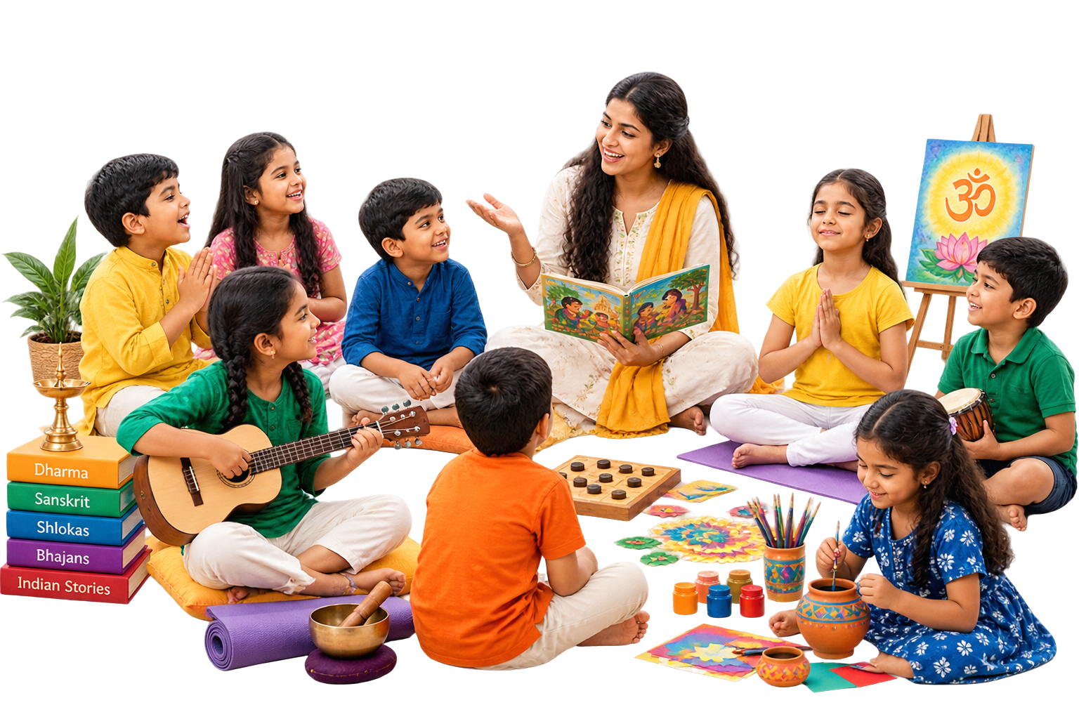 A teacher reading an Indian story to a circle of children who are playing music, meditating, painting, and playing board games