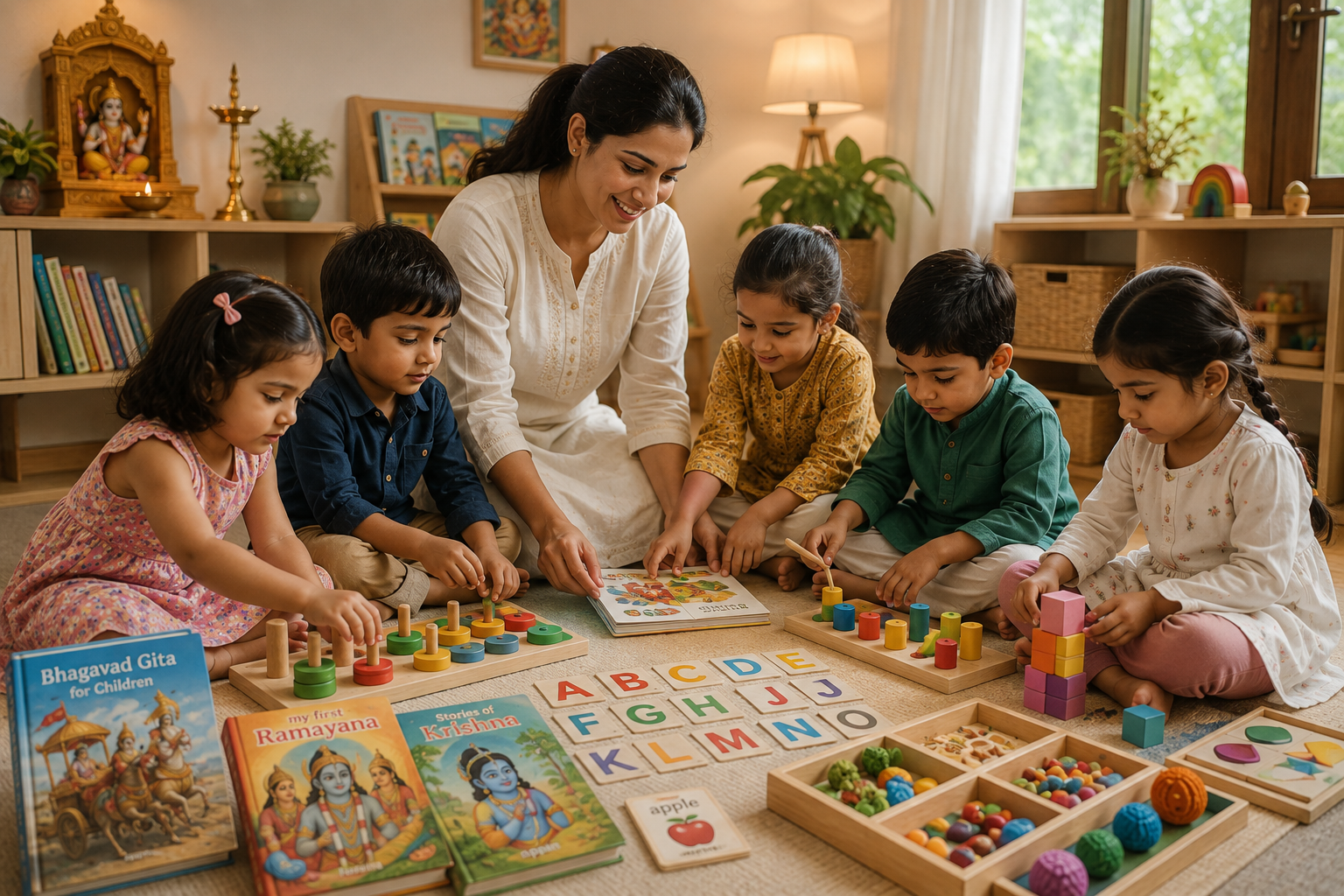 A teacher and young children exploring Montessori materials and dharmic storybooks together in a warm classroom