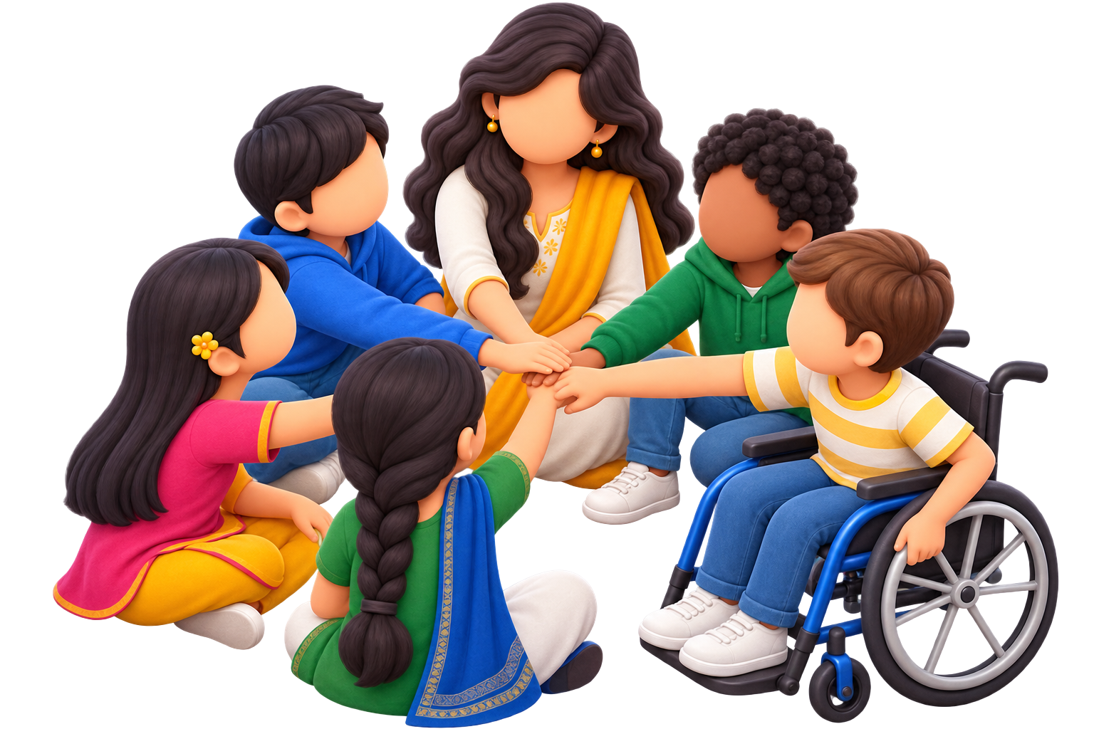 3D illustration of a diverse group of children, including a child in a wheelchair, joining hands in a circle