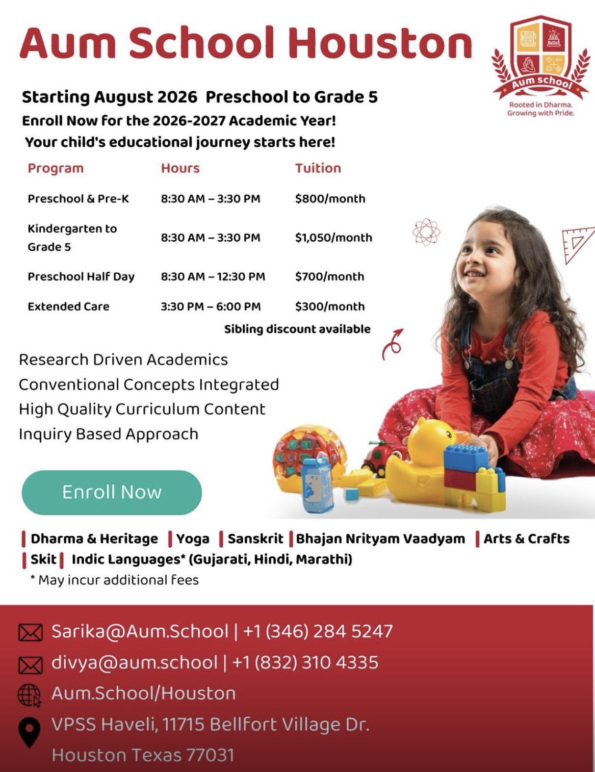 Aum School Houston flyer: programs, hours and tuition for preschool through Grade 5 starting August 2026, plus contact details
