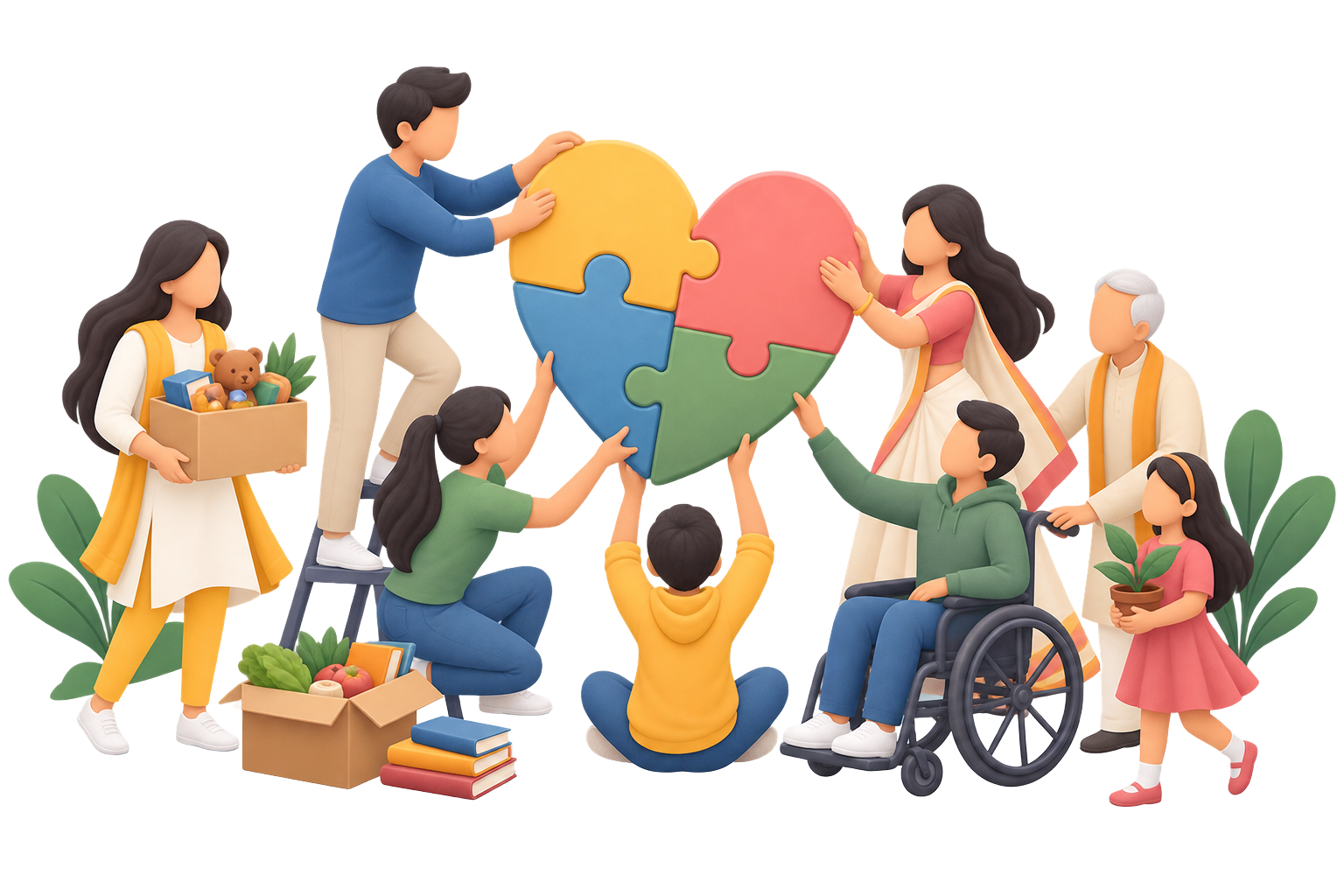 3D illustration of community members assembling a heart-shaped puzzle together