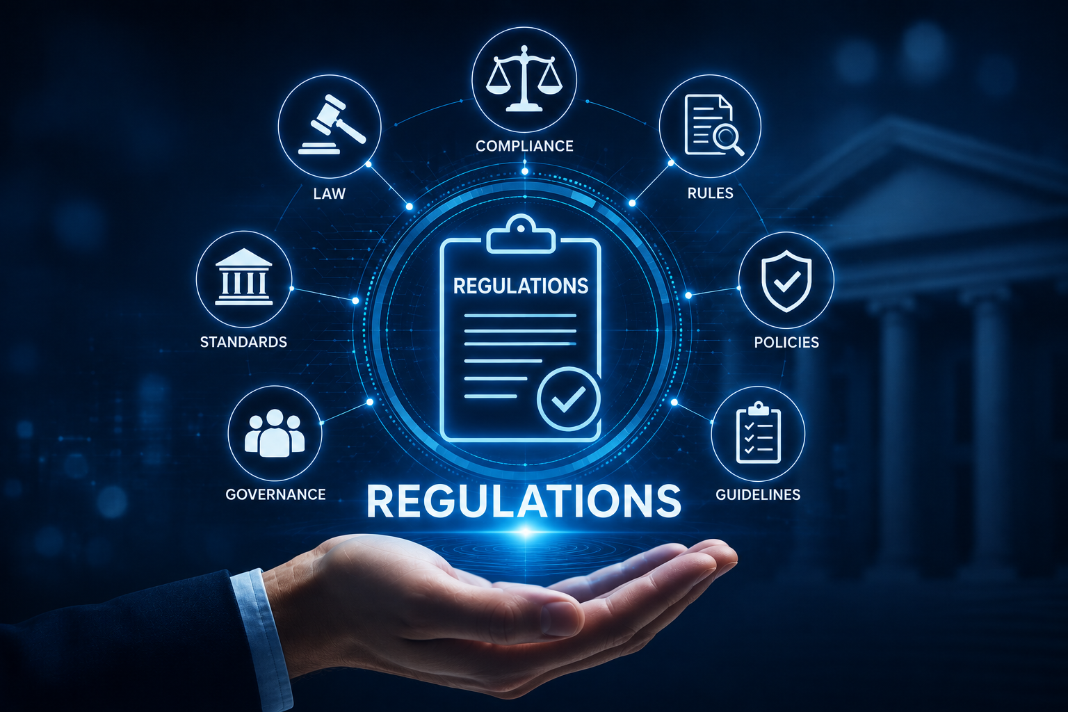 Illustration of regulations, compliance, standards, and governance concepts