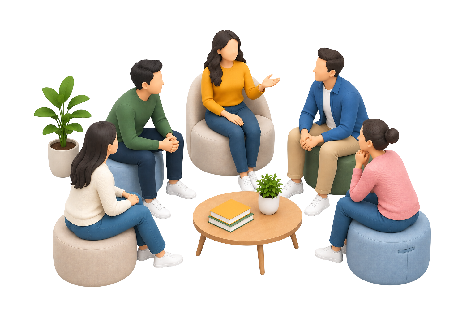 Illustration of a group of adults seated in a circle in conversation around a low table