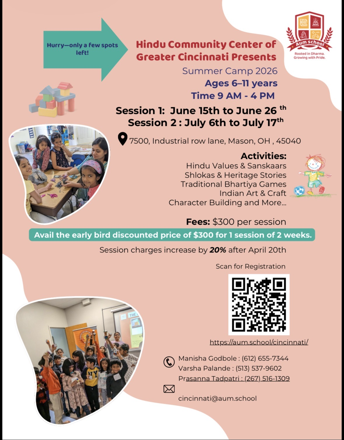 Hindu Community Center of Greater Cincinnati Summer Camp 2026 flyer: ages 6 to 11, sessions in June and July, activities, fees and contact details