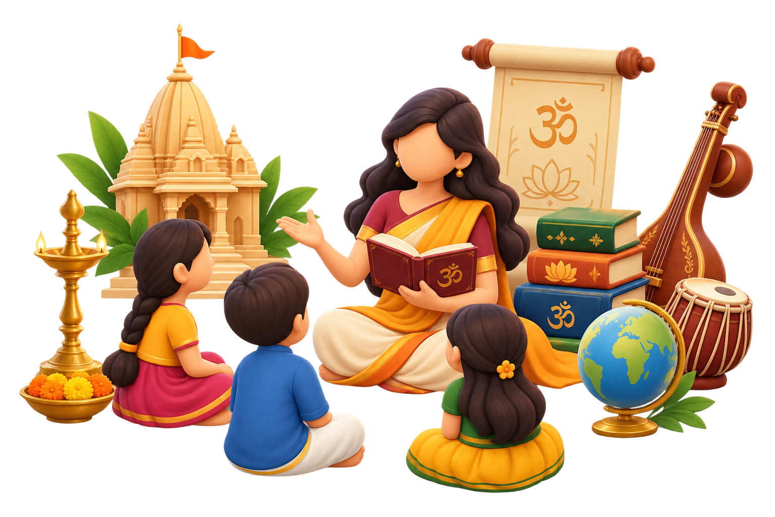 3D illustration of a teacher reading a sacred text to children beside a temple, lamp, scroll and veena