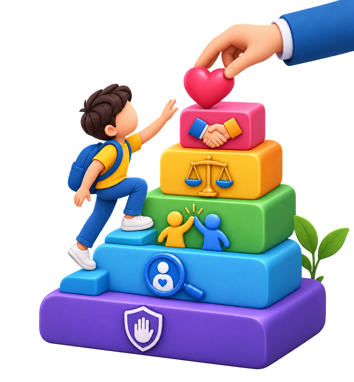 3D illustration of a child climbing colorful steps of values toward a heart held out by a helping hand