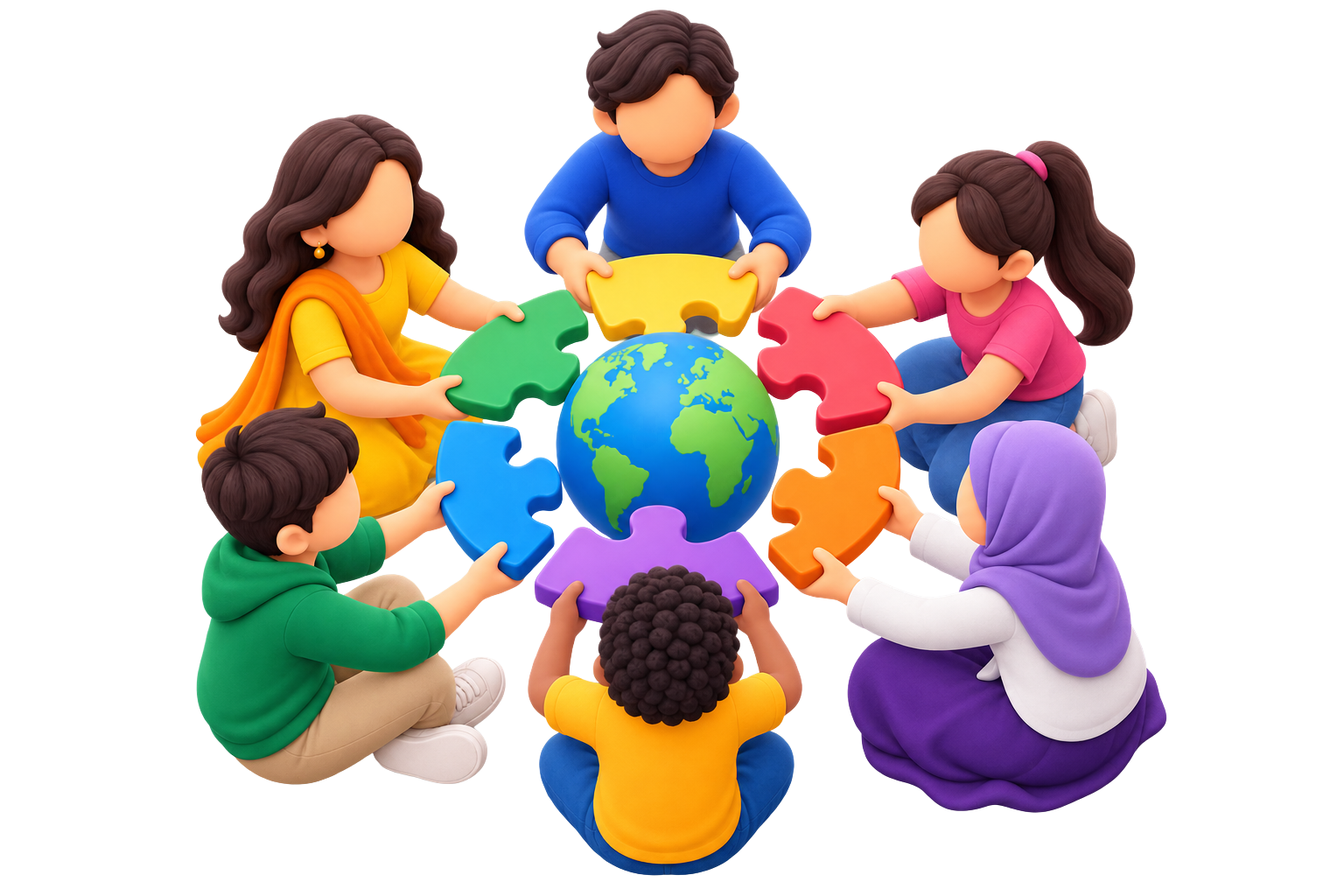 3D illustration of people seated in a circle assembling puzzle pieces around a globe