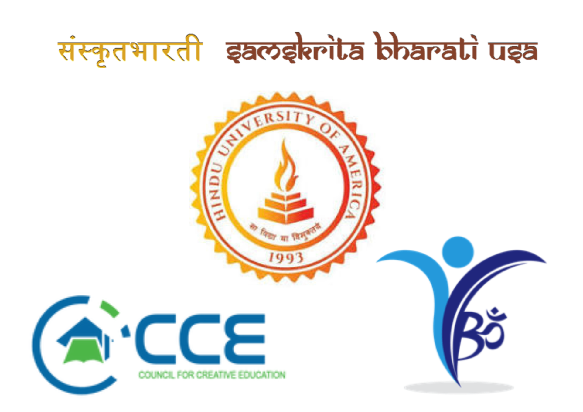 Logos of Aum School partner organizations: Samskrita Bharati USA, Hindu University of America, Council for Creative Education, and Bharatiya Vidya Bhavan