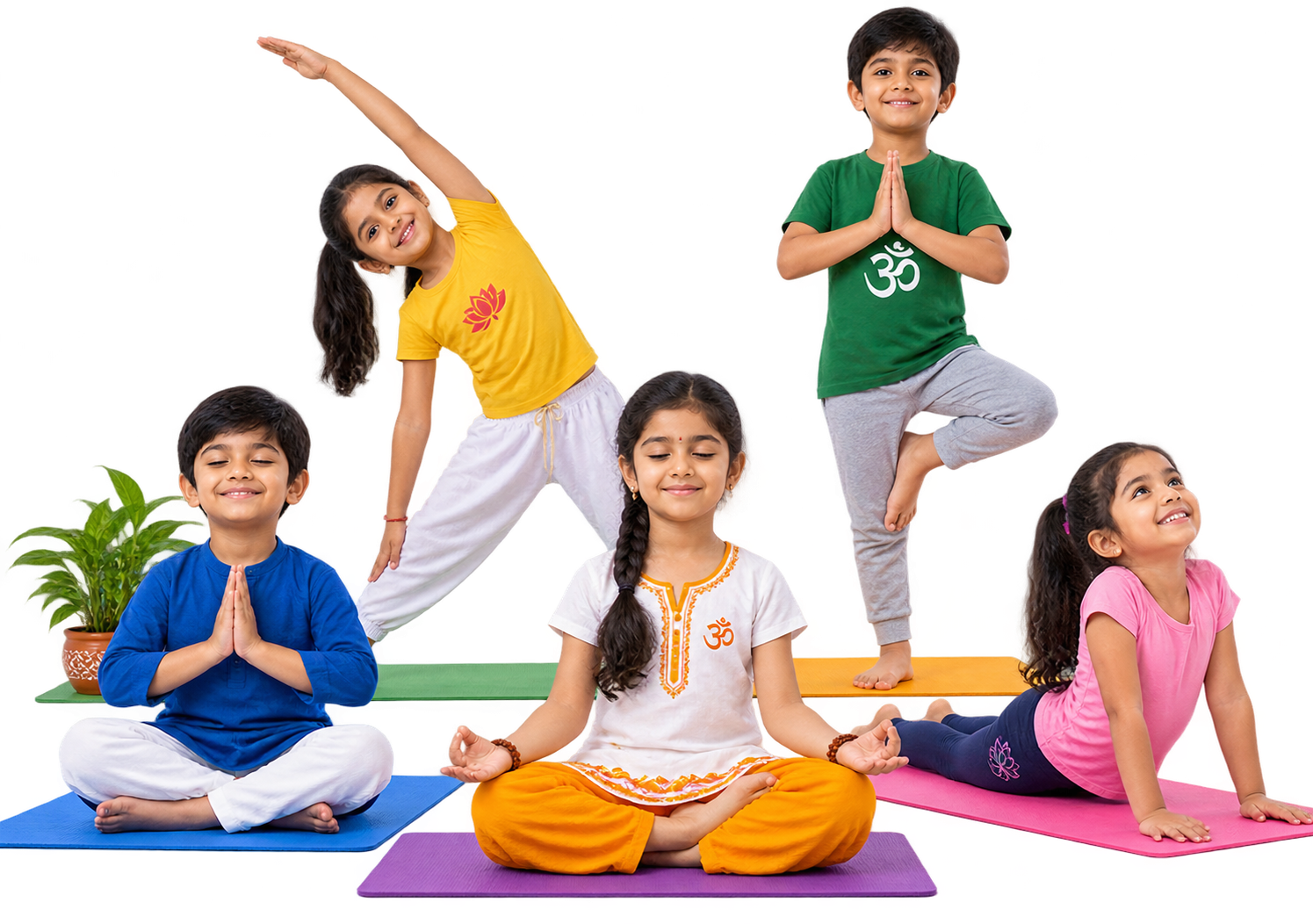Children practising yoga poses on colourful mats