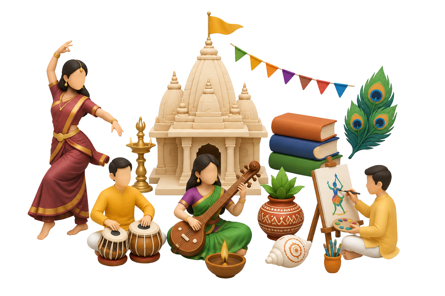 3D illustration of dancers, musicians, a temple and art celebrating Hindu cultural heritage