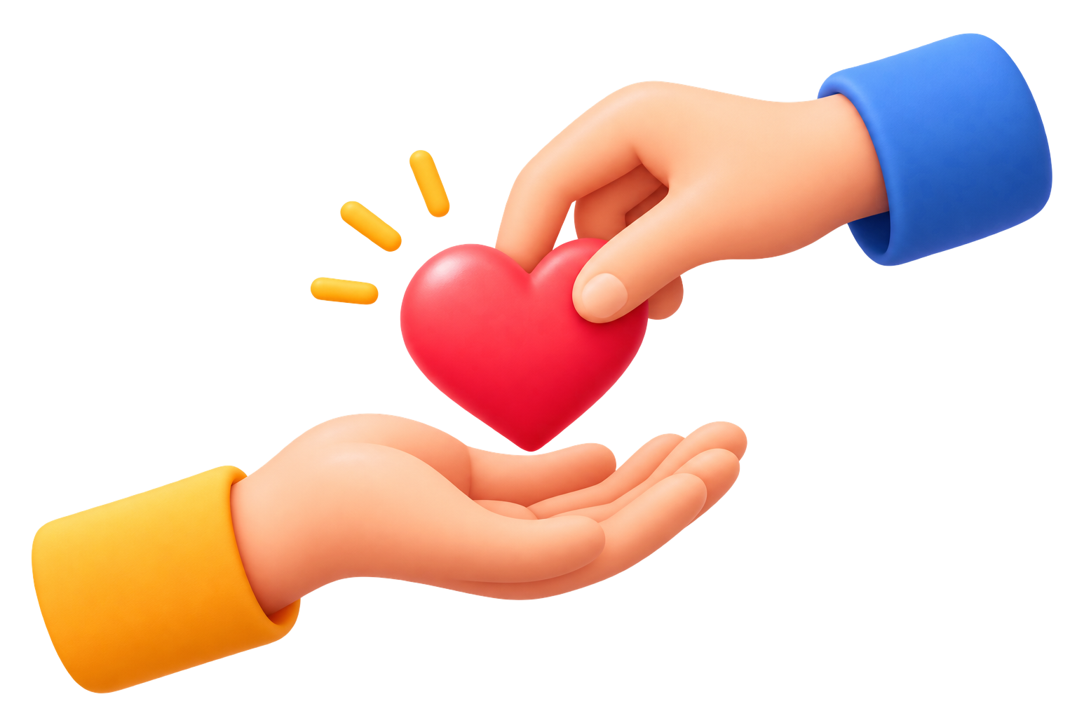 3D illustration of one hand giving a red heart into another open hand