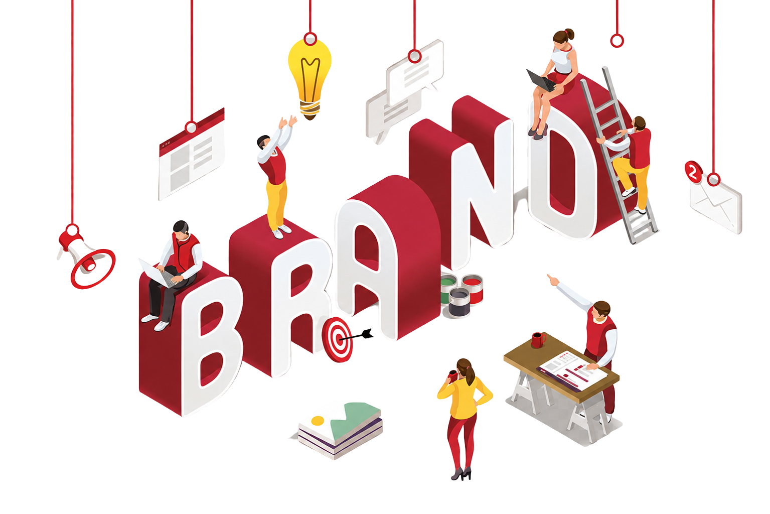 Isometric illustration of people building large three-dimensional letters spelling the word brand