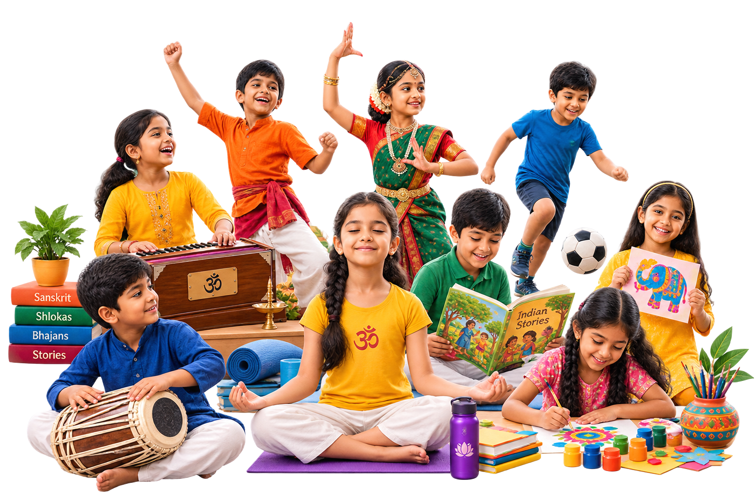 Children singing, playing the harmonium and tabla, dancing, meditating, reading Indian stories, playing football, and painting together