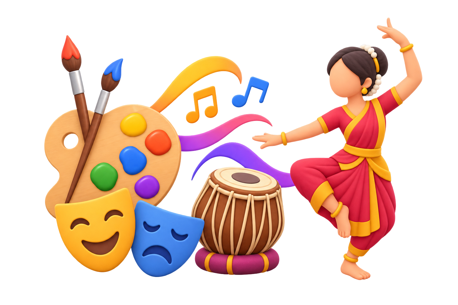 3D illustration of a classical dancer with a paint palette, theatre masks, tabla and music notes