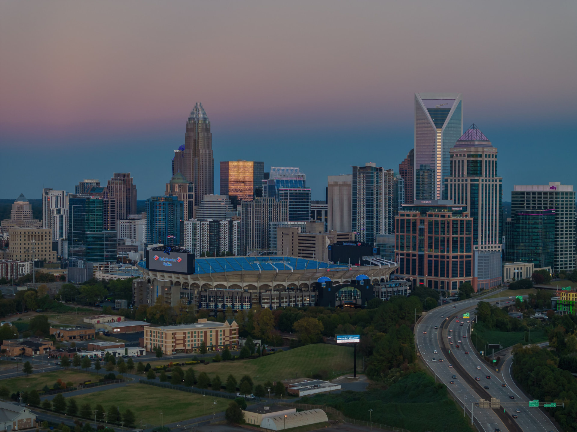 Charlotte, North Carolina skyline at dusk near the Aum School Charlotte campus