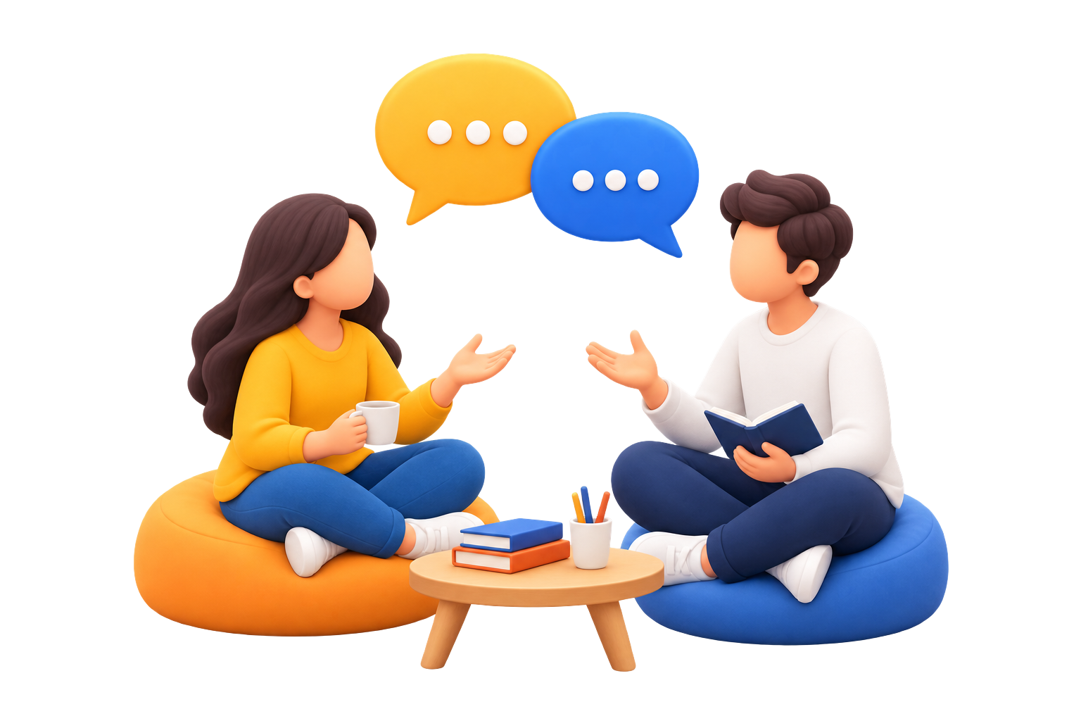 3D illustration of two people in conversation with speech bubbles, books and a low table between them