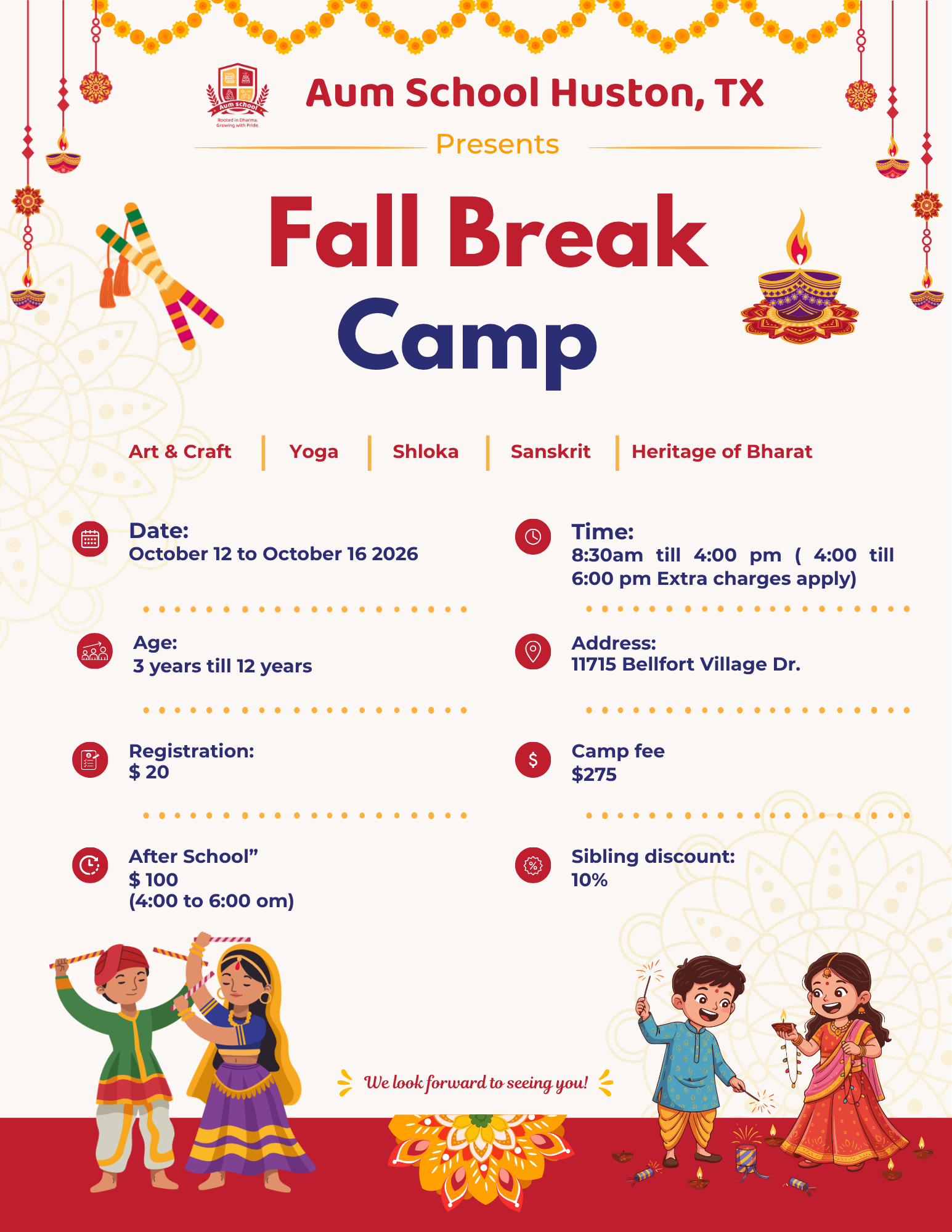Hindu Community Center of Greater Cincinnati Summer Camp 2026 flyer: ages 6 to 11, sessions in June and July, activities, fees and contact details