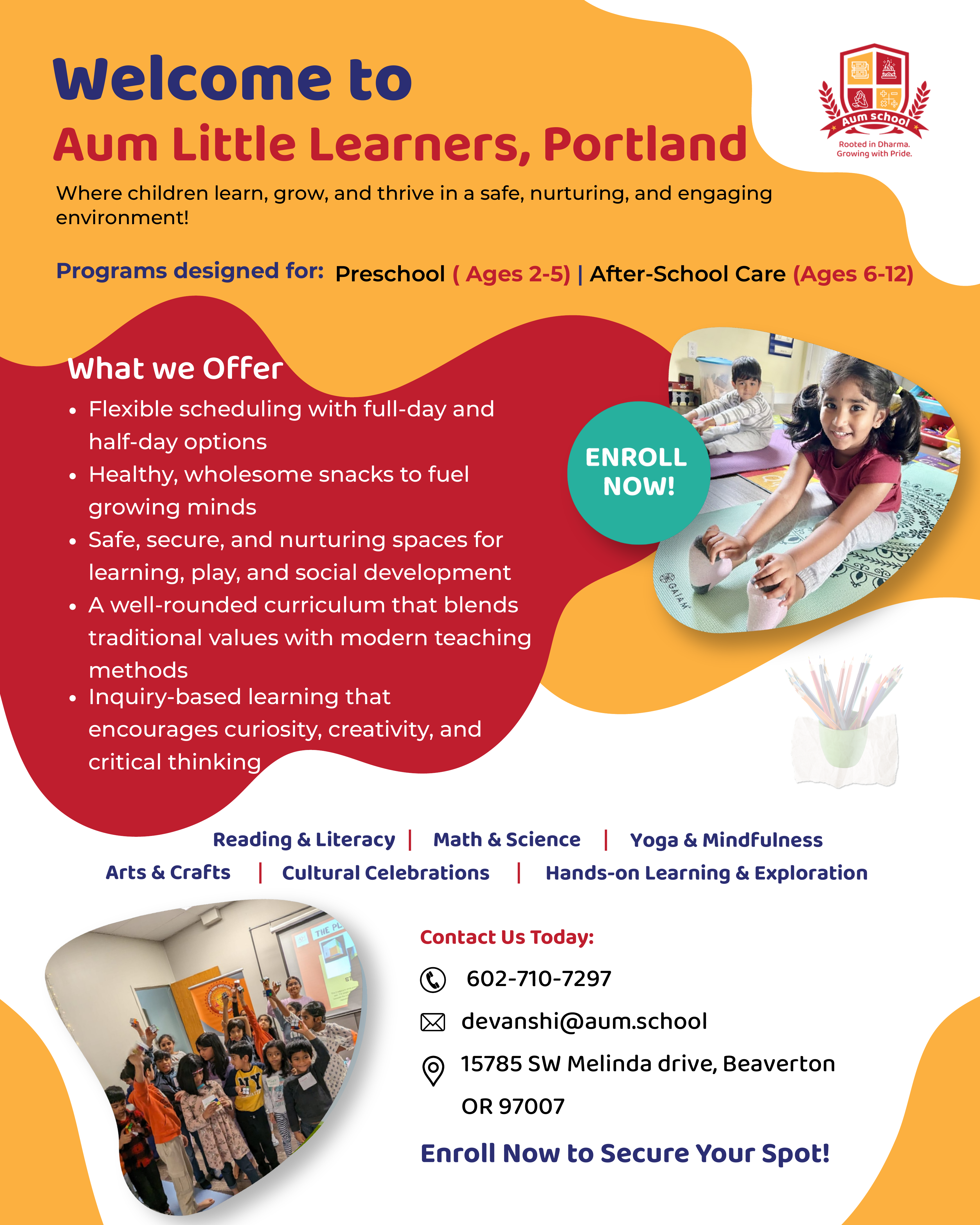 Aum Little Learners River Islands Lathrop flyer: preschool program for ages 2 to 5, program highlights, subjects, and contact details